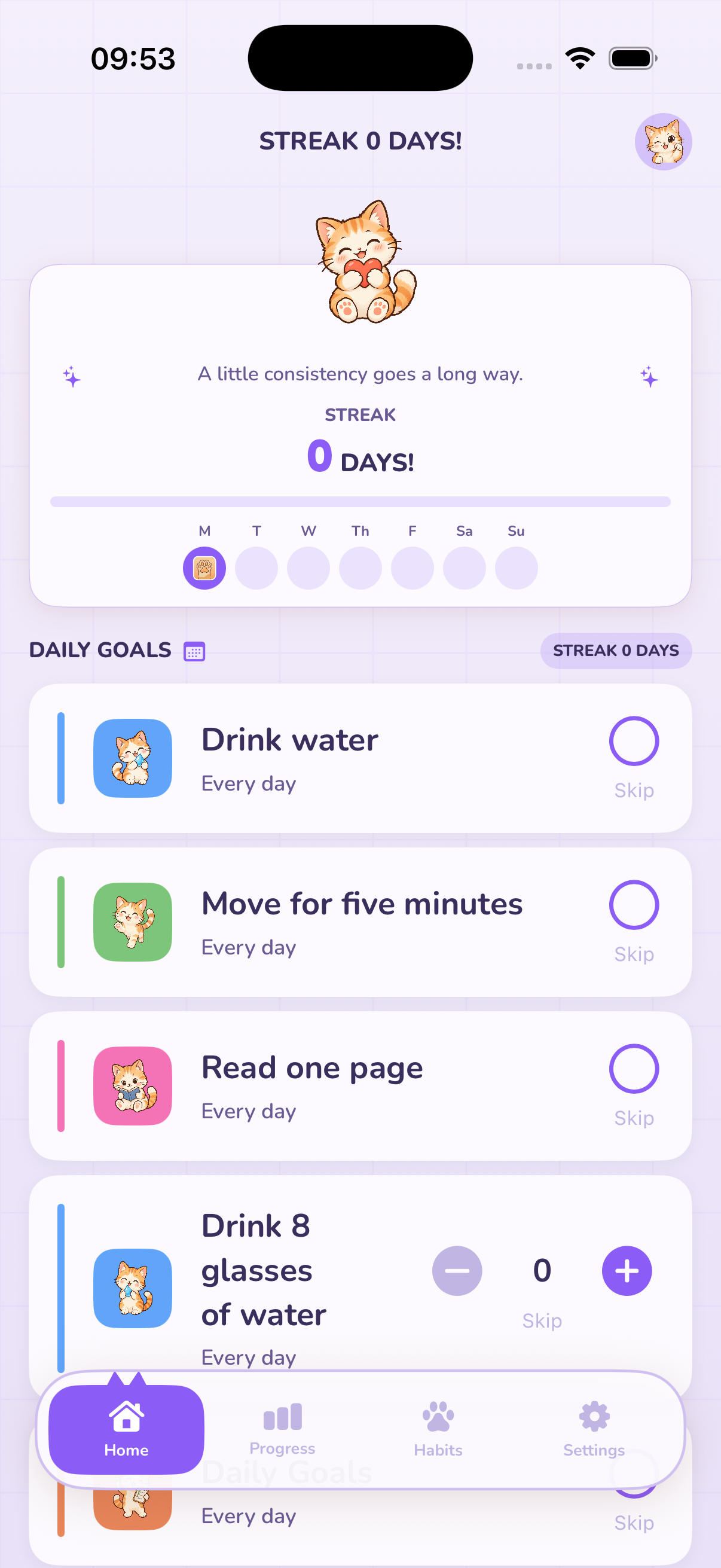 Purrfect Habit daily goals screen with streak and habit cards