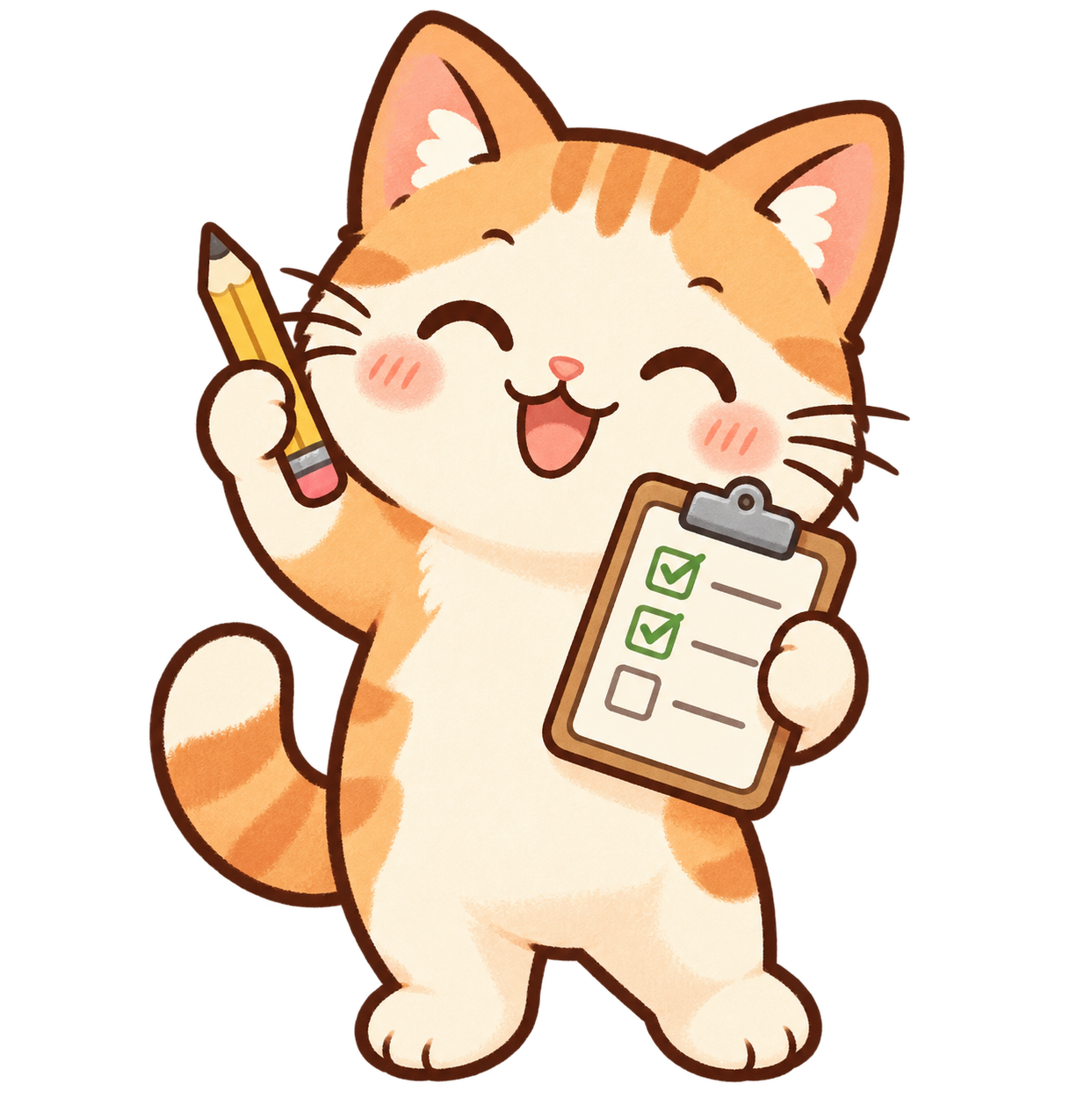 A cheerful cat with a checklist